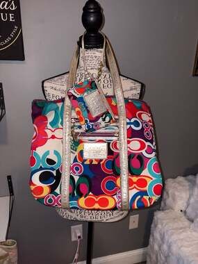 Y2K Coach Poppy Pop Signature C Glam Multi-Color Tote Bag with Matching Wristlet